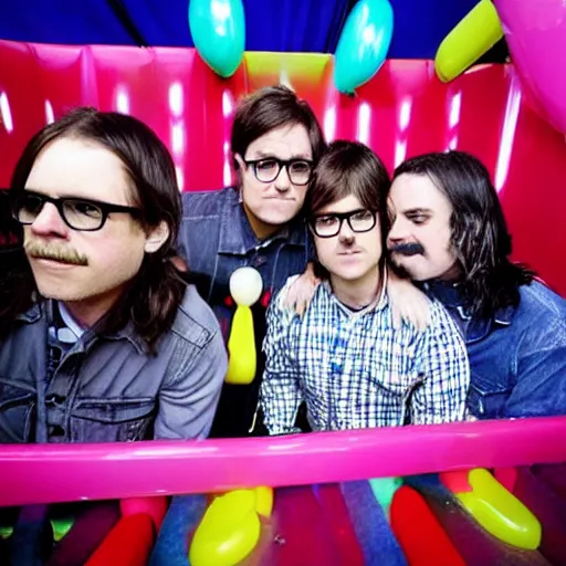 Image similar to “ weezer performing at chuck e. cheese, photorealistic, kind of sad ”