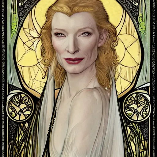 Image similar to cate blanchett as galadriel, mucha style, art nouveau,