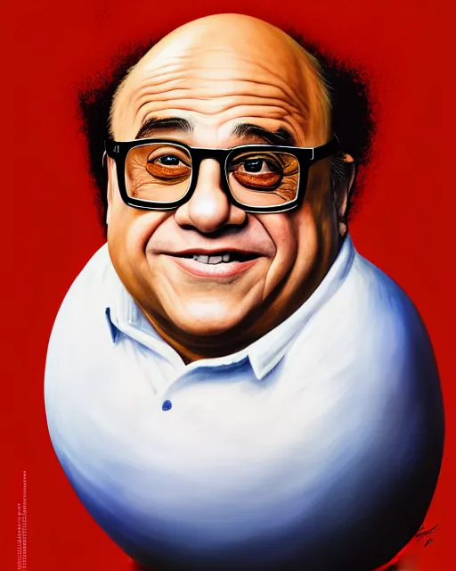 Image similar to painting portrait of danny devito as an egg, cartoon, warm lighting, danny devito has an egg body, movie poster, illustration by bartek fedyczak, erak note, tooth wu, neil richards, kan liu, siwoo kim, jisu choe, trending on art station