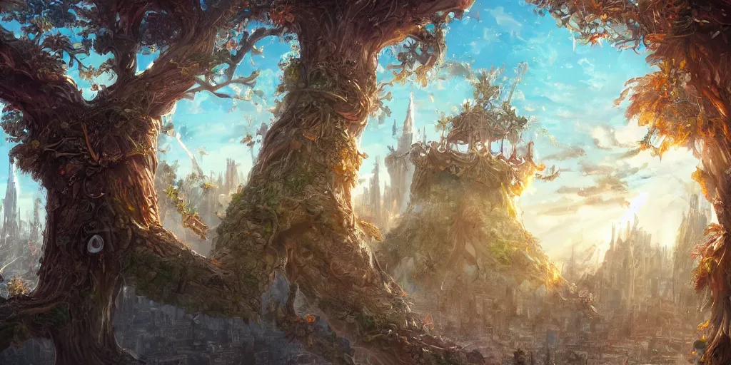 Image similar to a fantasy city in a tree, illustration, bright sunlight, sun glints, sunrays, digital art, hyperrealistic, oil painting, fantasy, 8 k, trending on artstation, detailed