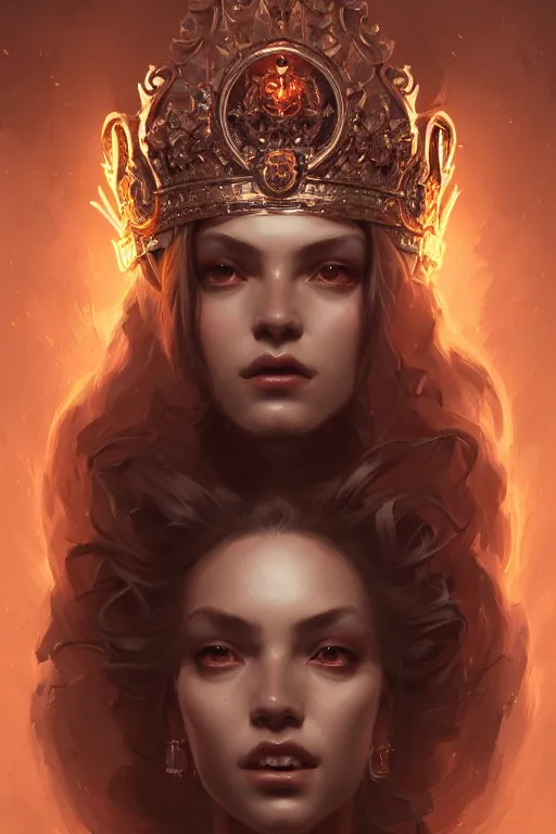 Image similar to highly detailed portrait of an elegant devil, ornate crown, beautiful symmetrical face, glowing skin, digital painting, artstation, concept art, smooth, clear focus, illustration, greg rutkowski, artgerm, global lighting, detailed and fantasy