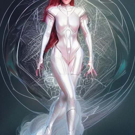 Image similar to full figure ultra realistic illustration, dakota johnson as madame web, intricate, elegant, highly detailed, digital painting, artstation, concept art, smooth, sharp focus, illustration, art by artgerm and greg rutkowski and alphonse mucha