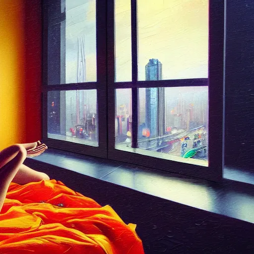 Image similar to Detailed oil painting of a beautiful woman in a tiny dress in a yoga pose on a bed feet up and the window to a rainy cyberpunk city.