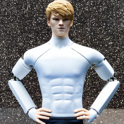 Image similar to a realistic detailed photo of a guy who is an attractive humanoid who is half robot and half humanoid, who is a male android, soccer player martin ødegaard, shiny skin, posing like a statue, blank stare, by the pool, on display, showing off his muscles, humanoid robot, frozen ice statue