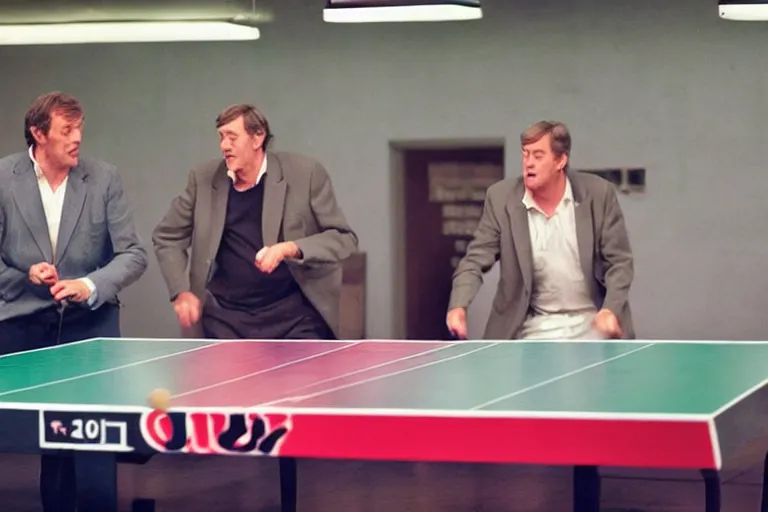 Image similar to Hugh Laurie and Stephen Fry playing table tennis, neon lighting