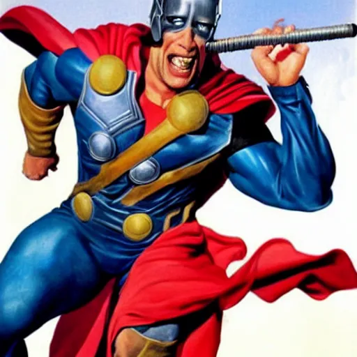 Image similar to jim varney as thor, painted by alex ross