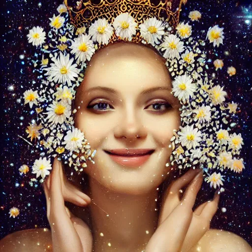 Image similar to close-up of a smiling beautiful female, blonde,, wearing a crown of daisies, beautiful happy face, ethereal, starry, space, magical atmosphere, maximalist, cinematic lighting, cinematic atmosphere, trending on artstation, cgsociety, 8k, high resolution, in the style of Faiza Maghni, David Ligare, Flora Borsi, Daniel Gerhartz, detailed intricate ink illustration, dark atmosphere, detailed illustration, hd, 4k, digital art, overdetailed art, concept art, by greg rutkowski, by loish, complementing colors, Trending on artstation, deviantart