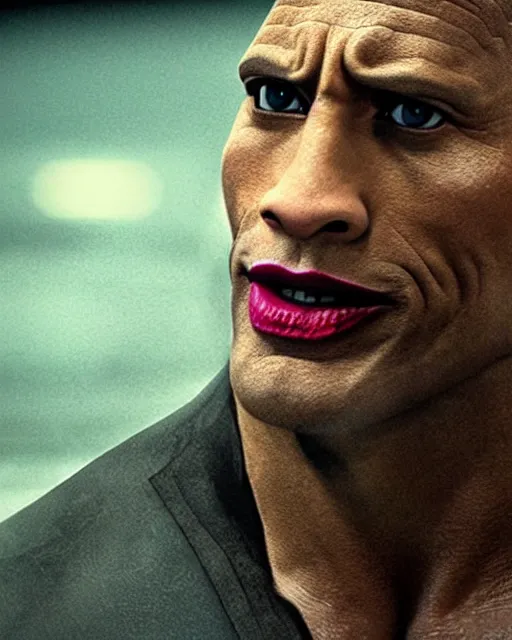 Prompt: Film still close-up shot of Dwayne The Rock Johnson as The Joker from the movie The Dark Knight