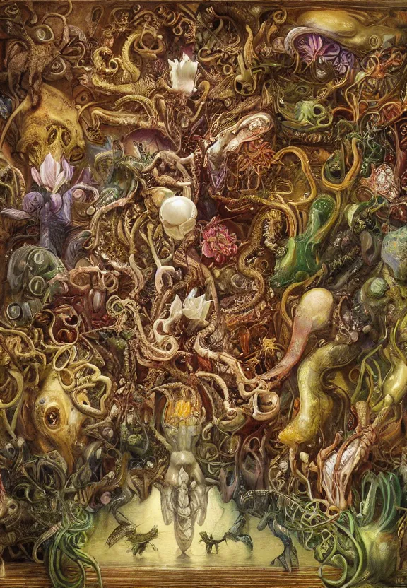 Prompt: simplicity, elegant, colorful muscular eldritch animals and mollusks and bones radiating from fractal, orchids, lilies, flowers, dragonflies, mandalas, by h. r. giger and esao andrews and maria sibylla merian eugene delacroix, gustave dore, thomas moran, pop art, cyberpunk, art nouveau