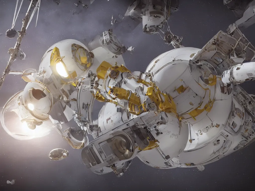 Image similar to photo of 8k ultra realistic spacecraft starship, spacex, clear sky, Big budget horror movie set in an undersea biolab, staring Garfield the Cat and the muppets, full of colour, cinematic lighting, battered, trending on artstation, 4k, hyperrealistic, focused, extreme details, unreal engine 5, cinematic, masterpiece, art by John Harris