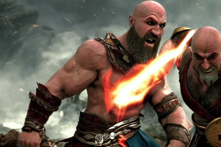 Prompt: Kratos fighting in Asgard
