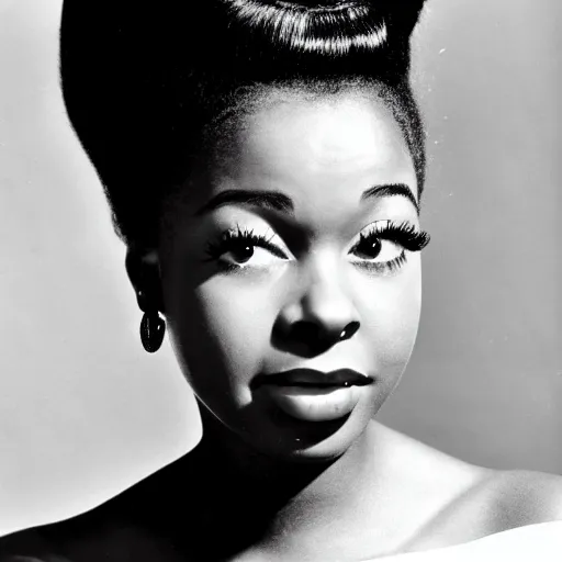 Image similar to black and white photo of a beautiful and elegant 1 9 5 9 young black actress with four in her hair