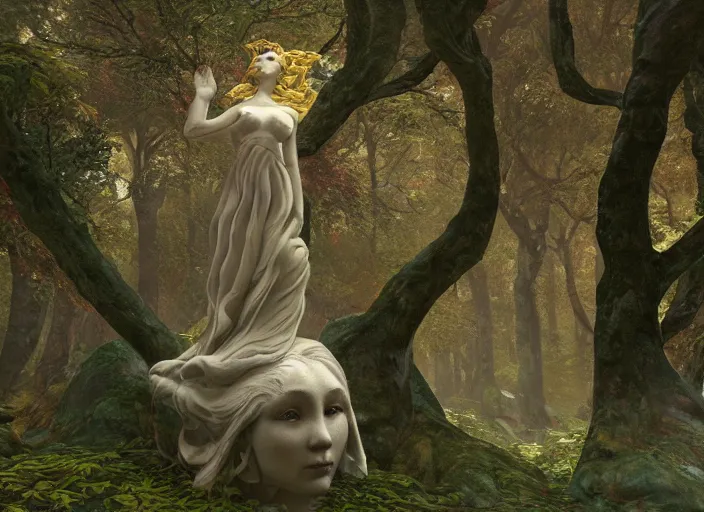 Image similar to an idealistic marble statue with fractal flowery hair, in a magical forest, painted by, mc escher, gordon onslow ford, georgia o'keeffe and ivan aivazovsky, cinematic light, god rays, colourful, unreal engine, zbrush central,