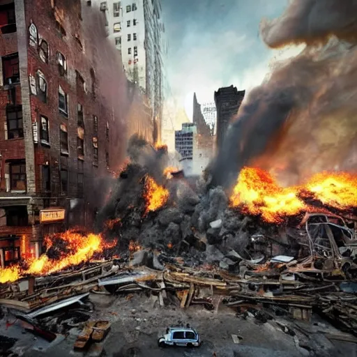 Image similar to a photo of a giant dog destroying new york citys buildings, explosions, fire