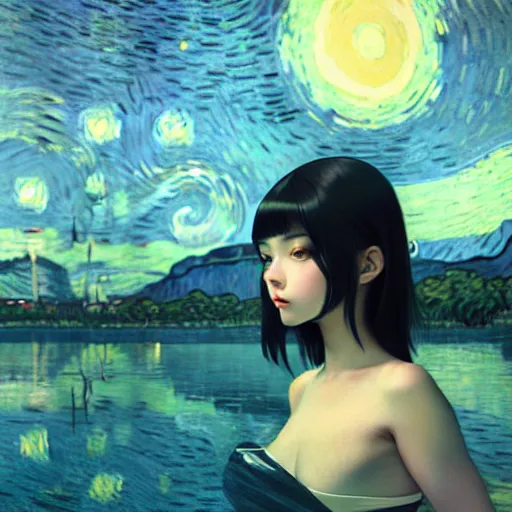 Prompt: very tiny girl by artgerm, green eyes and long black hair by ilya kuvshinov, sitting in a crystal clear lake painted by van gogh, rtx reflections, octane render 1 2 8 k, extreme high intricate details by wlop, digital anime art by ross tran, wide shot, composition by tom bagshaw, lighting by wlop