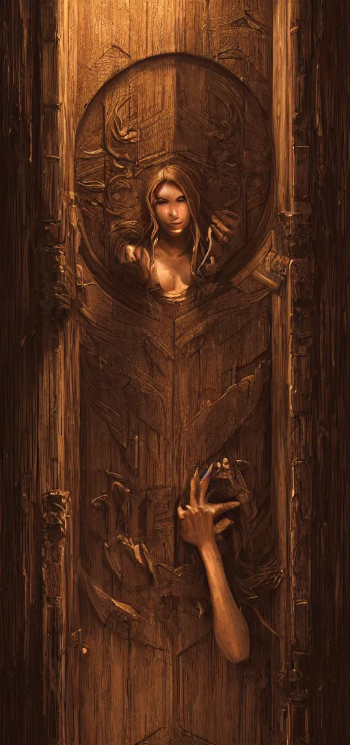 Image similar to a womans faced carved into a wooden door, intricate Details, raphael lacoste, eddie mendoza, alex ross, john howe, concept art, matte painting, highly detailed, rule of thirds, dynamic lighting, cinematic, detailed, denoised, centerd, clean render