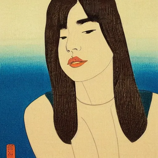 Image similar to “ lana del rey portrait by ikenaga yasunari and ayana otake and ko rakusui, 6 0 s poster, drawing, realistic, sharp focus, japanese, dreamy, nostalgia, faded, golden hues, floral clothes ”