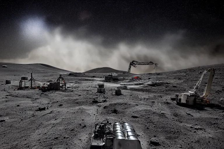 Image similar to a landscape photograph of a mining operation on the moon. plumes of dust are visible against the starry sky. stark contrast, vivid, award winning photography