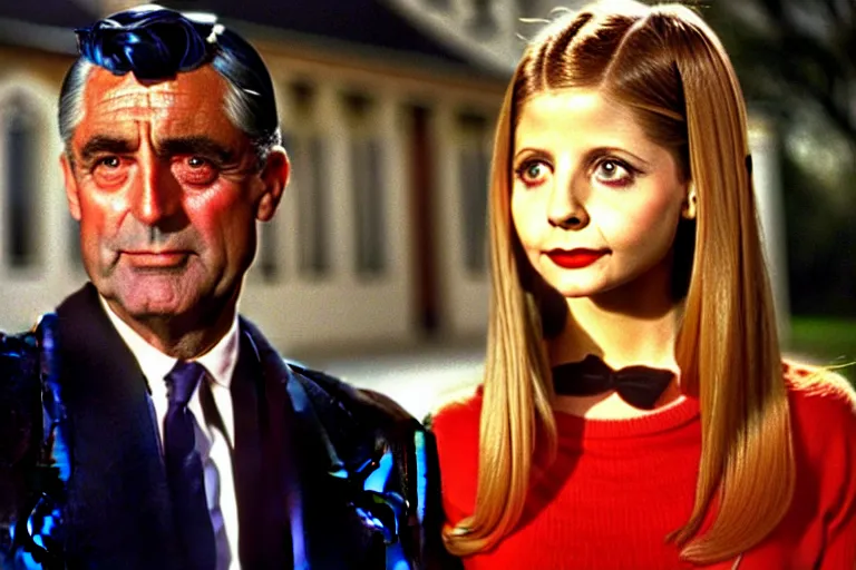 Image similar to cary grant as giles in buffy the vampire slayer, along side sarah michelle gellar 1 9 9 8