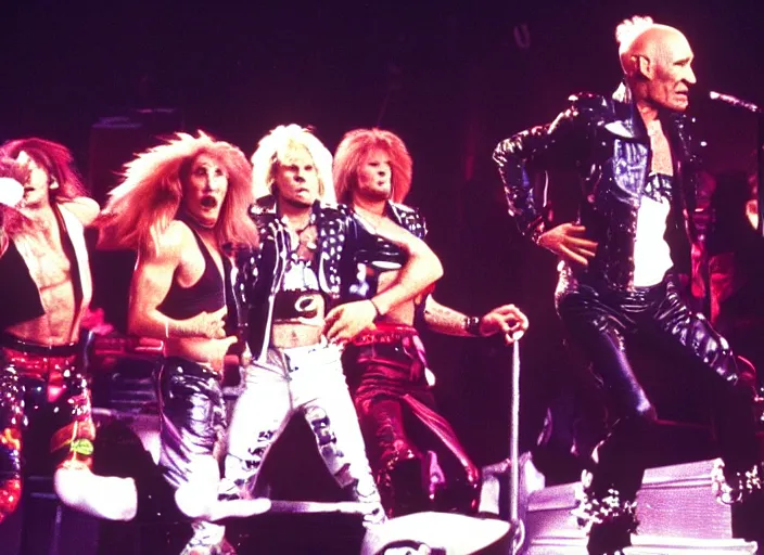 Image similar to publicity photo still of patrick stewart in motley crue live on stage 1 9 8 8, 8 k, live concert lighting, mid shot