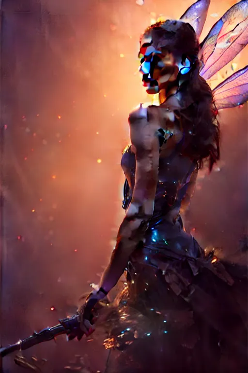 Image similar to cinematic shot of an epic portrait of a fairy dressed in military clothes, shiny skin, beautiful eyes, beautiful, small details, night setting, realistic poster with volumetric light from craig mallism, artgerm, jeremy lipkin and michael garmash, unreal engine, radiant light, detailed and complex environment, digital art, trends at art station, a masterpiece