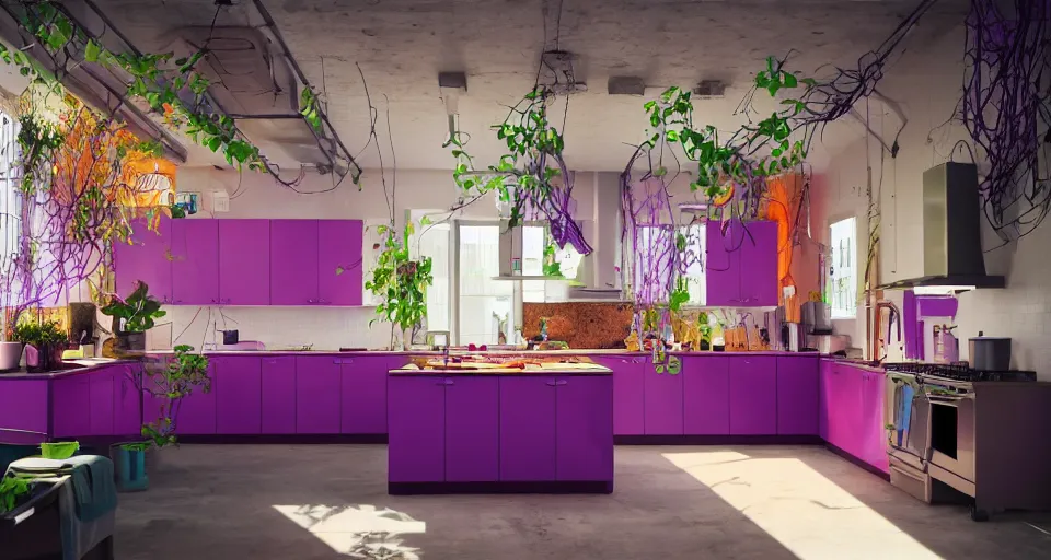Prompt: IKEA catalogue photo, high end farm house style kitchen, cyberpunk with neon lighting, purple, cyan, orange, organic, vines by Beksiński