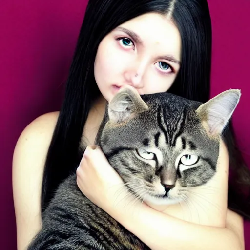 Prompt: a girl with long dark hair holding a cat in her arms, a stock photo by juan villafuerte, pexels contest winner, high quality photo, rtx, hd, shiny eyes, rasquache, a renaissance painting by sailor moon, anime, anime aesthetic