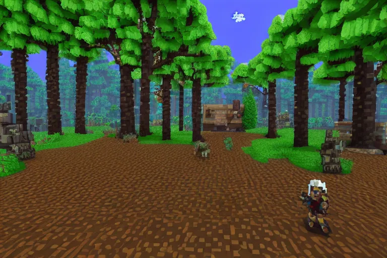 Prompt: screenshot of a 3d pixel art fps game with fantasy style woodland mansion with cogwheeled mechanic doors in an ancient forest