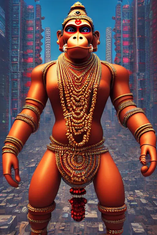 Prompt: high quality 3 d render very cute cyborg!! hanuman! madhubani, highly detailed, cyberpunk mumbai in the background, unreal engine cinematic smooth, in the style of solaris, hannah yata charlie immer, moody light, low angle, uhd 8 k, sharp focus