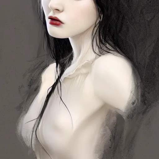 Prompt: english teenage girl with black hair, china blue eyes, pale glowing skin, beautiful sinister features, no makeup, elegant fashion model, young kate bush, wuthering heights, fantasy, intricate, elegant, dress shirt and tie, highly detailed, digital painting, artstation, concept art, smooth, sharp focus, illustration, art by Krenz Cushart and Artem Demura and alphonse mucha