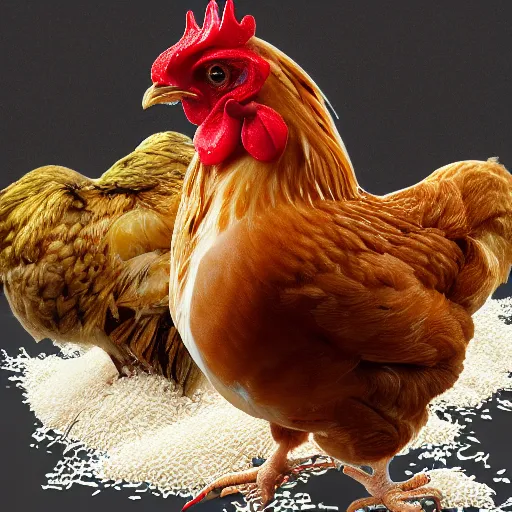 Prompt: a live chicken made entirely of rice, digital art