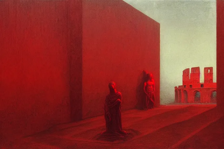 Image similar to only with red, caesar after war, a red tiger, in hoc signo vinces, rome in background, an ancient path, in the style of beksinski, part by hopper, part by rodcenko, part by hofbauer, intricate composition, red by caravaggio, insanely quality, highly detailed, masterpiece, red light, artstation