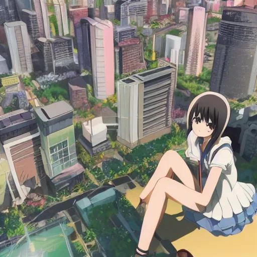 Image similar to Key Anime Visual a macro anime girl sitting on a miniature city, official modern anime