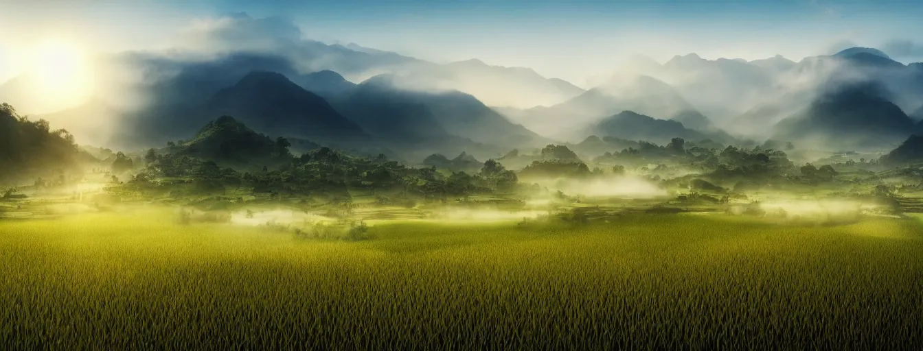 Image similar to Photo of paddy field of Baling with several village and rolling mountain at the background, wide angle, volumetric light, fog, mist, morning, hyperdetailed, light water, artstation, cgsociety, 8k