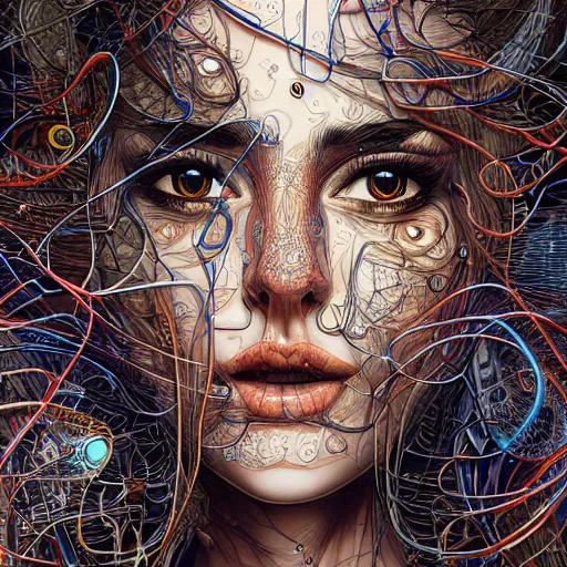 Image similar to woman_integrating_with_technology_full_face_insipiring_detailed_intricate_ornate_cables_connected_to_head_big_open_electric_eyes by android jones