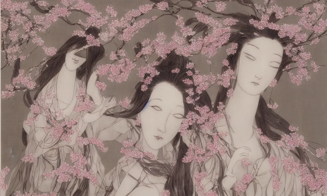 Image similar to a portrait of a beautiful female mannequin, a jointed wooden art doll with long flowing hair, holding paper fans, cherry blossom, plum blossom, flowing silk robes, by Yoshitaka Amano