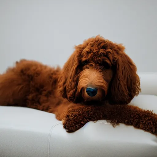 Image similar to studio photograph of a Goldendoodle dog with curly fur, sitting on a white sofa in a room with bright blue walls, f1.8 aperture, 4K HDR award winning photo