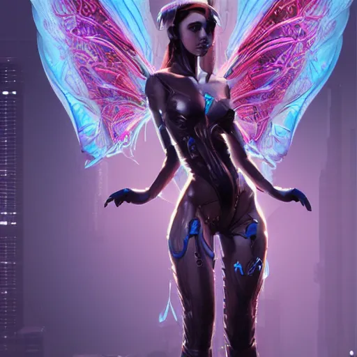 Image similar to a beautiful cyberpunk faerie with large wings in a dynamic pose, symmetrical face, art by Casimir, Artgerm, Travis Charest, melting, artstation character design, negative space, highly detailed, rendered in octane, dynamic lighting, cinematic