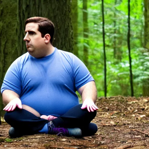 Image similar to chubby Michael Scott meditate in the Forest