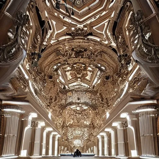 Prompt: giant Mars art center designed by Zaha Hadid with baroque elements. Ultra futuristic design that combines ornate baroque with clean organic forms.. Beautiful, enormous space with epic details