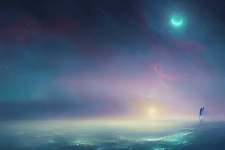 Image similar to the night sky is an upside down ocean, the stars are fish in the depths, the night sky is a sea, distant nebula are glowing algae fantasy painting by jessica rossier