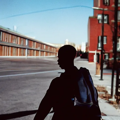 Prompt: realistic photo of a student going to school, in style of Tyler Mitchell, 35mm,