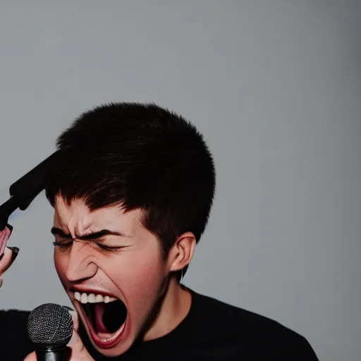 Image similar to a youtuber screaming into the microphone, having a mental breakdown