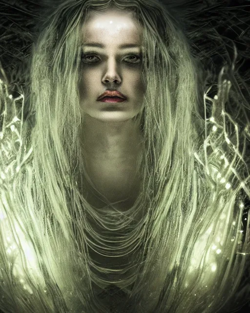 Prompt: luminescent long exposure light painting by h. r. giger of a beauteous practical sumptuous full frame photo realistic face, lifelike incredible hair, crystalline masterpiece incrustations, hyperdetailed face, elegant pose, movie still, intricate, octane render, cinematic forest lighting,