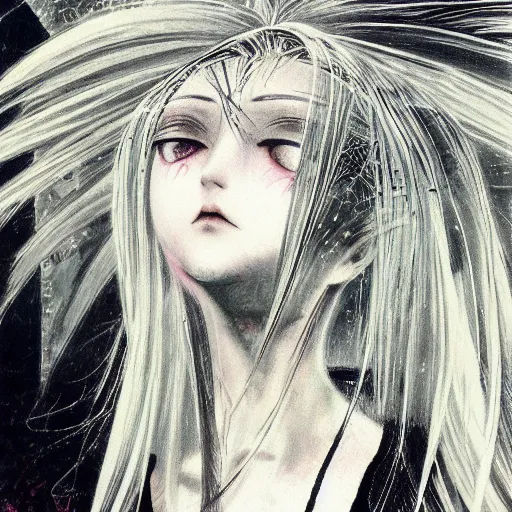 Image similar to yoshitaka amano realistic illustration of an anime girl with white hair and cracks on her face wearing dress suit with tie fluttering in the wind, abstract black and white patterns on the background, noisy film grain effect, highly detailed, renaissance oil painting, weird portrait angle