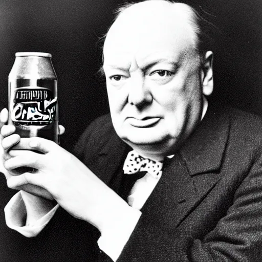 Prompt: Winston Churchill drinking a can of coca cola, profile photograph