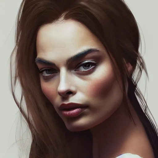 Image similar to a stunning portrait of a woman who looks like a mix between Emily Ratakowski and Margot Robbie, trending on artstation, WLOP, artgerm no blur, no distortion