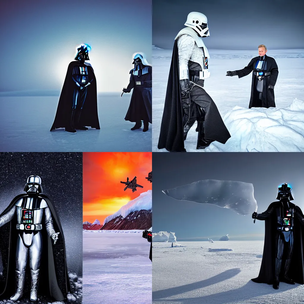 Prompt: bobby drake in iceman form and darth vader in dramatic poses, arctic environment, photograph