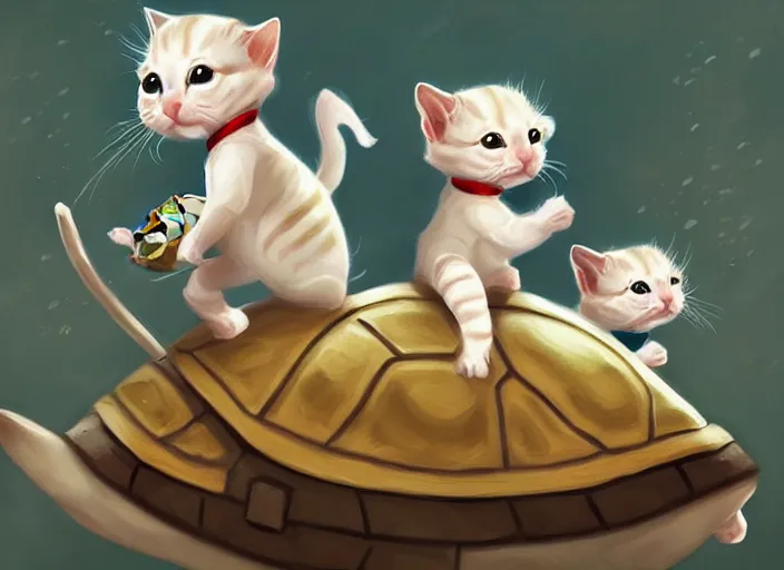 Image similar to white soldier kittens riding turtles going into battle, cute, digital oil painting, trending on artstation