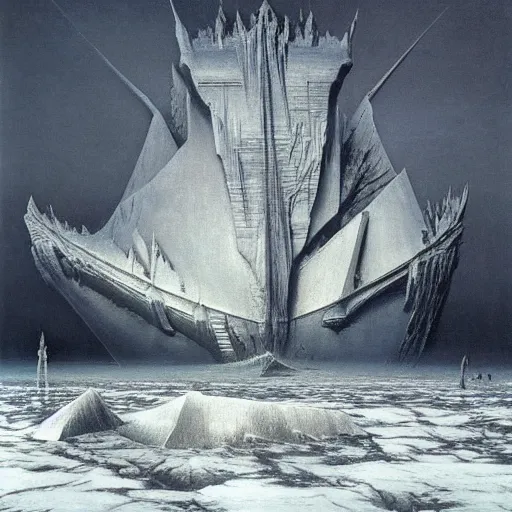 Image similar to an ice ship by Zdzisław Beksiński, oil on canvas